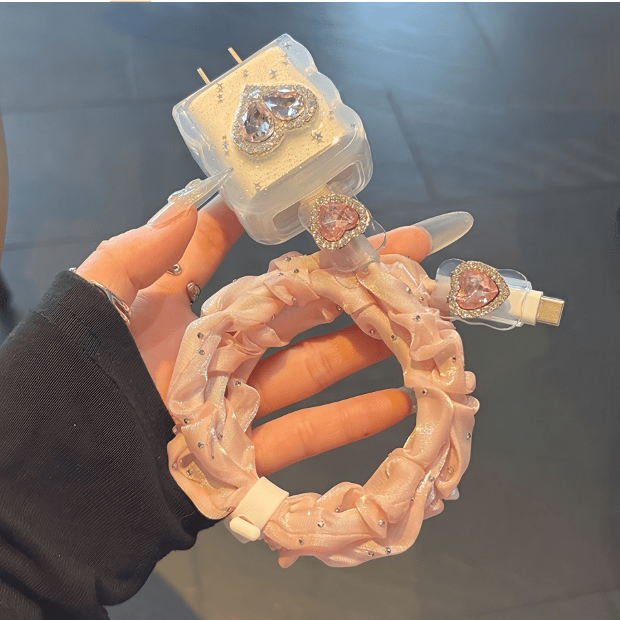 5pcs/Set 3D Heart Gemstone Design Charger Protector Case, Compatible With 18W/20W US Charger, Fits 11/12/13/14/15/16 Pro Max, Cable Protector, Anti-Bending Cable, TPU Charging Head Protector, 1.5M Cable Nan Charger Case Phone Accessories