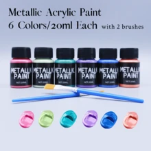 6 Metallic Acrylic Paints + 2 Brushes – Rich Pigments, 20ml Each, For Rock, Leather, Glass, Ceramic, Fabric - Sets - View 10