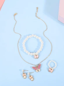 5件套优雅时尚首饰套装：珍珠手链、戒指、蝴蝶吊坠项链、耳环，适合作为生日/节日礼物或日常佩戴（盒子仅供展示） - 淺粉色 - 查看 4