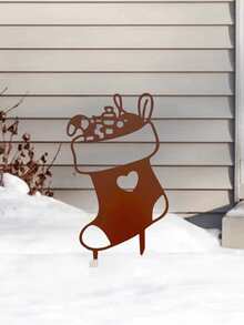 Zardzewiałe metalowe paliki ogrodowe w kształcie Świętego Mikołaja, Bałwana, Dzwonka i Skarpety – rustykalne dekoracje świąteczne na zewnątrz, do montażu na podłodze, w modnym stylu, nie wymagają prądu ani baterii