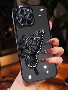 奢华电镀透明黑色手机壳，带蝴蝶亮片支架，闪亮水晶水钻风格，硅胶防震软壳，兼容 16/16E/16 Pro/16 Pro Max/16 Plus/15/14/13/12/11/X/XS/XR/8/7、Galaxy S25/S24/S23/S22/S21/A55/A54/A53/A52/A35/A34/A23/A16/A15/A14/A13/A12/A05S/FE/Ultra/4G/5G、Redmi/Honor/MOTO/OPPO/Infinix 等手机，防水、防摔、防刮花 - 黑色 - 查看 3