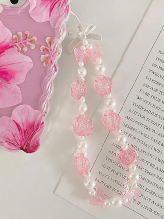 1件玫瑰花手链，法式玫瑰花造型，可爱夏季陶瓷质感黑色哑光，简约少女风手机挂绳、钥匙扣、耳机挂绳，活泼少女风郁金香珍珠彩色串珠，俏皮可爱设计