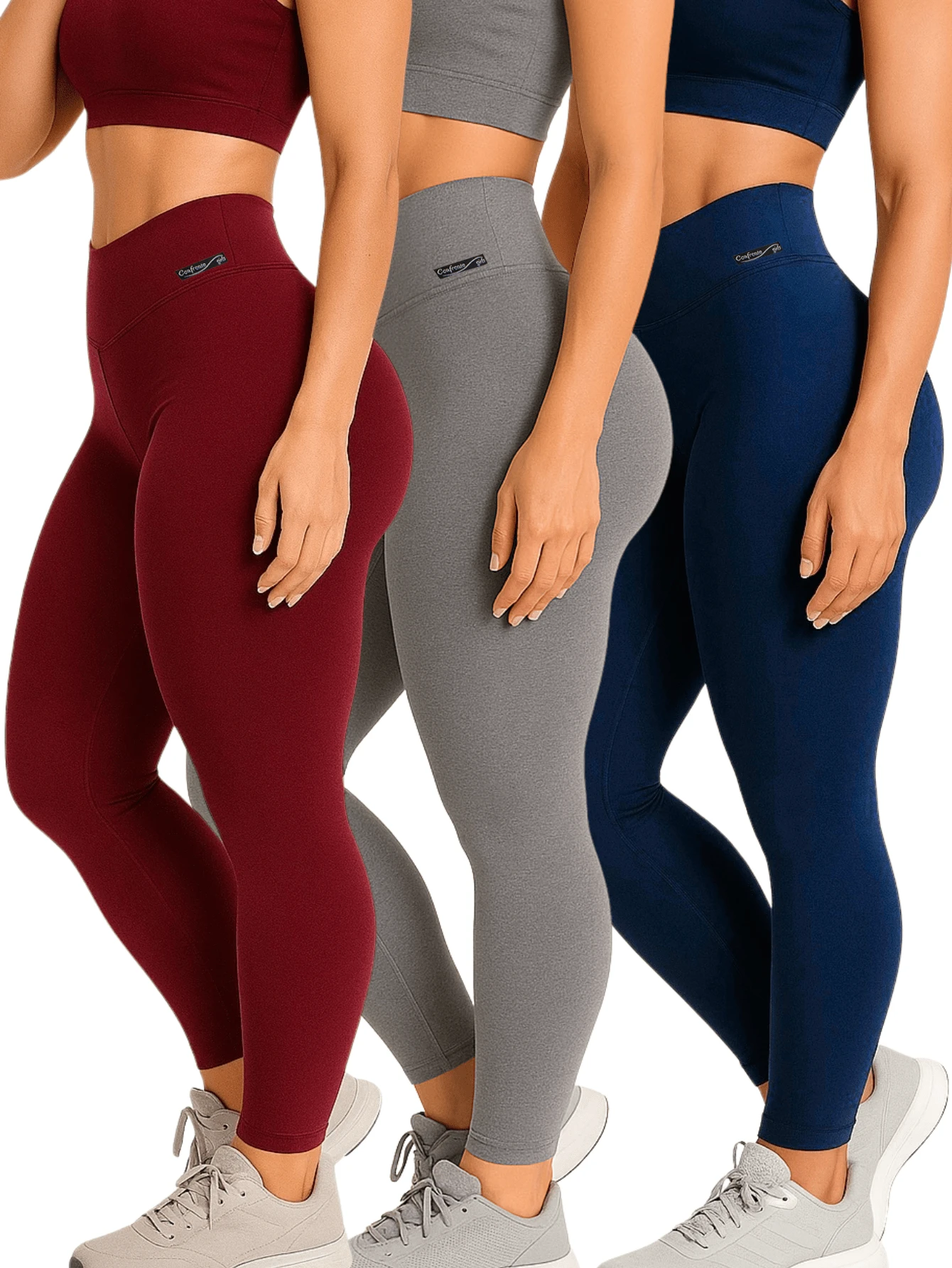 Kit 3 High Waist Legging Pants With No Transparency - 1藏青色+1酒紅+1灰色 - 查看 1