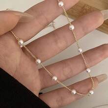 1pc Faux Pearl Necklace, Suitable For Daily Wear, Weddings, Events, Parties, Perfect As Gift For Friends - 金色 - 查看 2