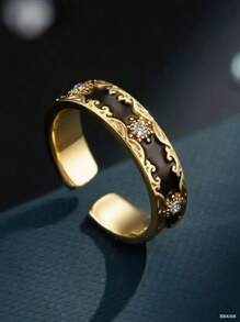 1 件独特花卉印花优雅设计精致薄荷绿珐琅可调节戒指 - 墨綠色 - 查看 9