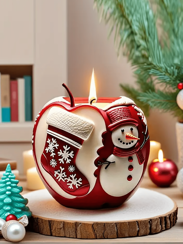 Molde de silicone reutilizável em formato de maçã vermelha com boneco de neve para velas, resina e trabalhos manuais em gesso. Ideal para decoração natalina, peças de presente, centros de mesa e outros enfeites de Natal. Compatível com cera, resina e gesso. Perfeito para artesanato, com design de floco de neve e detalhes gravados. Ideal para decorar sua casa, ambientes e ambientes.