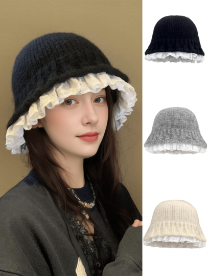 1ชิ้น หมวกบีนนี่ชาวประมงถักสีดำแต่งลูกไม้สำหรับผู้หญิง, สไตล์เกาหลี, หน้าเล็ก, ขนปุยอบอุ่น, เหมาะสำหรับชุดฤดูใบไม้ร่วง/ฤดูหนาวสำหรับใช้ในชีวิตประจำวัน