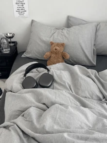 3件套100%纯棉北欧风条纹床上用品套装，含2个枕套和1个被套