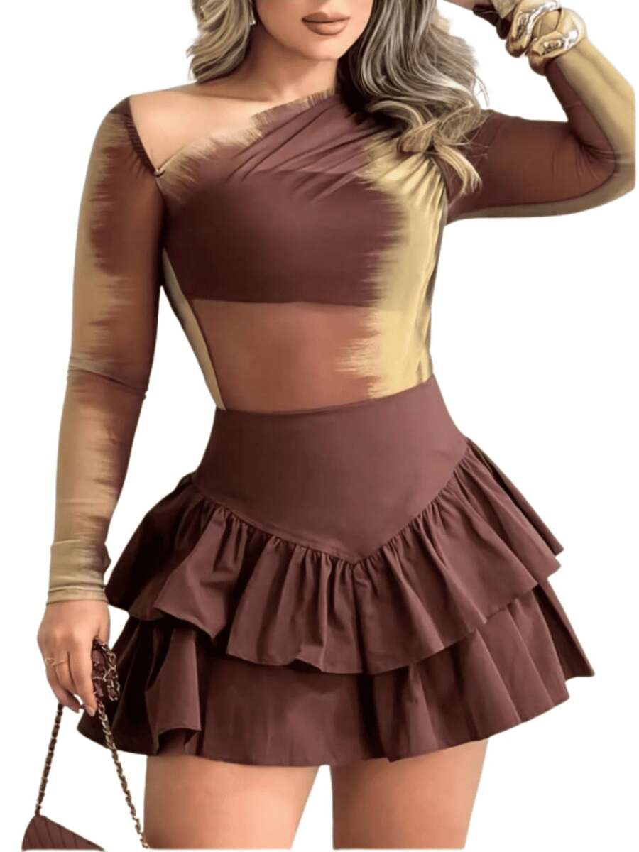 Shorts Women's Short Skirt With Layered Ruffles Round Skirt Fashion Style For Parties, Clubbing And Everyday Life - 鏽棕色 - 查看 1