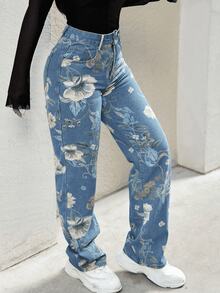 Y2K 90s Street High Waist Floral Print Wide Leg Blend Loose Jeans Comfort Washed Denim Trousers With Pockets For Outdoor Activities - 中等水洗藍 - 查看 3