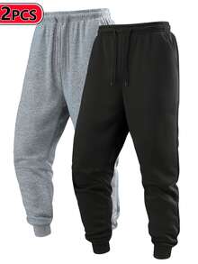 2PCS Men's Drawstring Waist Solid Color Sweatpants Long Printed Sweatpants Plain Black Fitness Basics , Fall Clothes