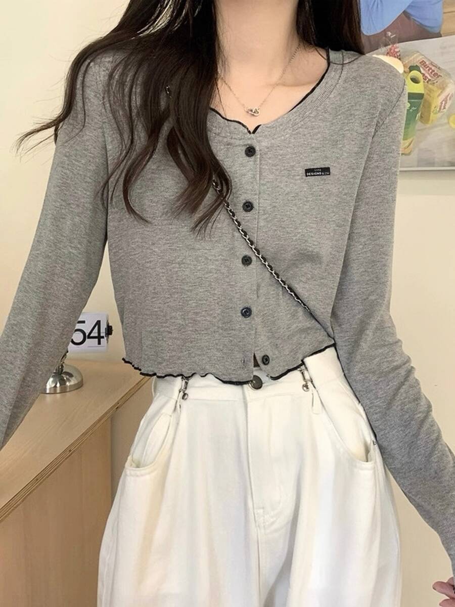 撞色荷叶边短款针织开衫女式上衣 - 灰色 - 查看 1