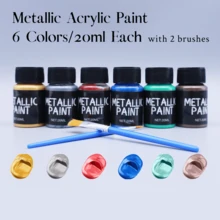 6 Metallic Acrylic Paints + 2 Brushes – Rich Pigments, 20ml Each, For Rock, Leather, Glass, Ceramic, Fabric - Sets - View 11