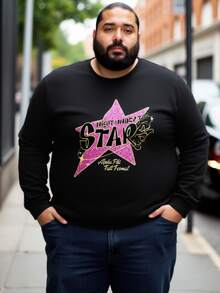 Plus Size Men's Letter Print Crew Neck Sweatshirt - Black - View 2