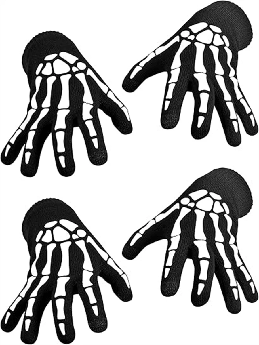 2 Pairs Glow-In-The-Dark Skeleton Touch Screen Gloves, Unisex Adult Halloween Skeleton Costume Accessories