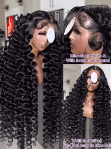 NATAN 200 密度深波浪卷刘海蓬松波浪蕾丝前假发，13x4 高清蕾丝前假发，无需胶水，女士款，预先拔毛并带有婴儿发，24 英寸混合发质，由真人发前额和合成纤维及蛋白质纤维制成。 - 自然色&黑色系 - 查看 4