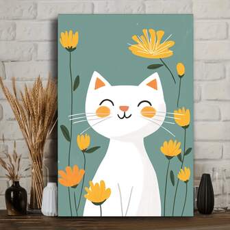Charming White Cat And Yellow Flowers Canvas Art Print - Classic Style, Unframed, Suitable For Living Room, Bedroom, Home Office Decor, Home Office Art | Classic Animal Art | Vibrant Print Quality