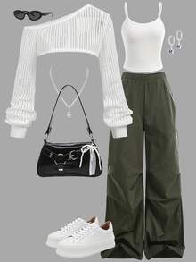 女童装；青少年三件套；秋冬休闲网眼上衣和背心直筒裤套装。 - 白色 - 查看 1