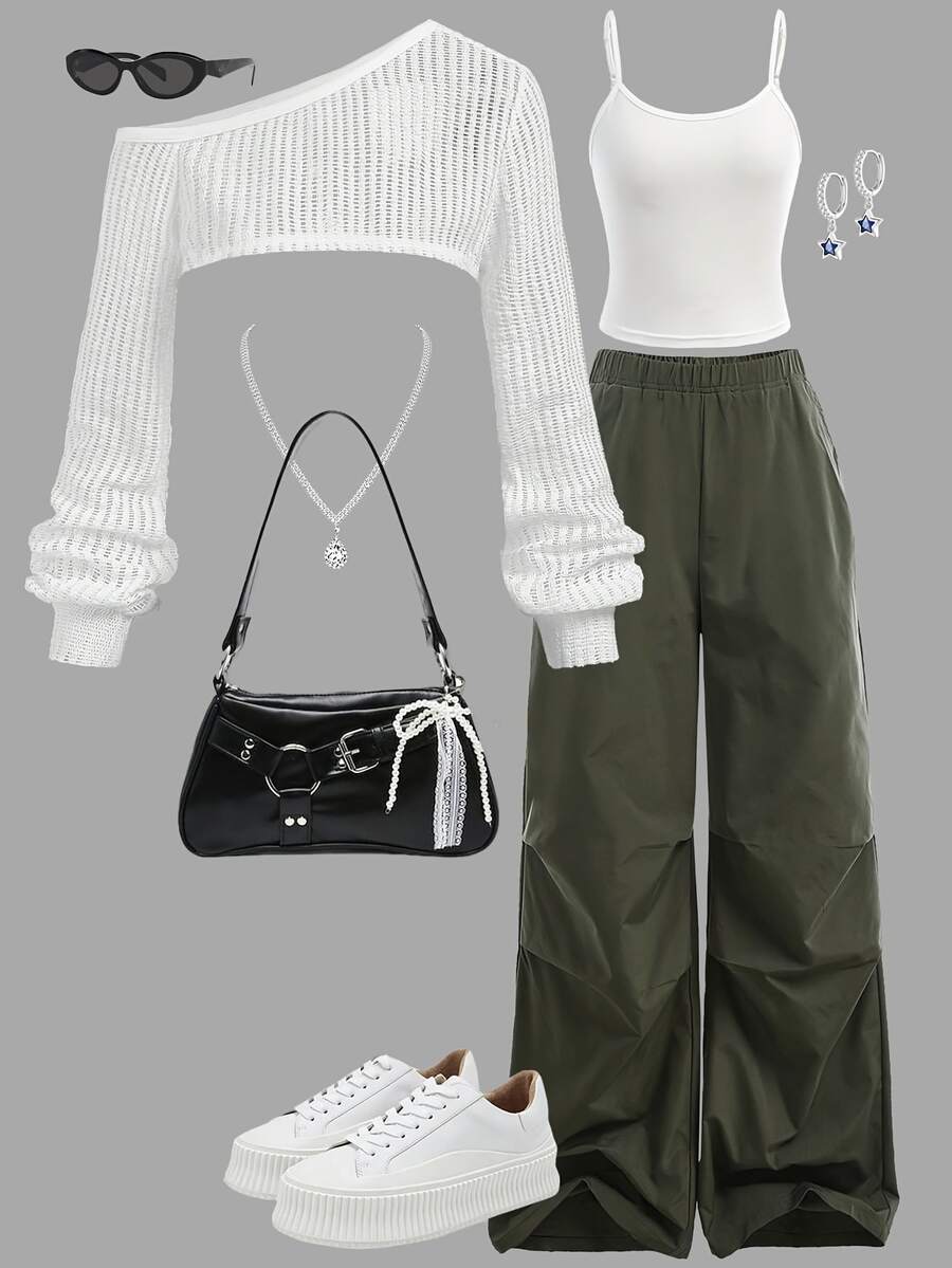 女童装；青少年三件套；秋冬休闲网眼上衣和背心直筒裤套装。 - 白色 - 查看 1