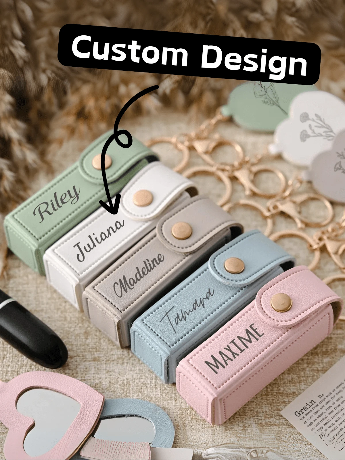 1 قطعة حقيبة مفتاح شخصية على شكل أحمر شفاه، علبة أحمر شفاه مع مرآة، حقيبة تخزين أحمر شفاه مخصصة مضادة للفقدان، هدية لوصيفة العروس، هدية عيد الحب