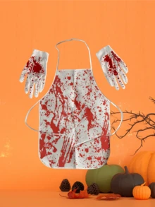 1 套血迹万圣节围裙 + 手套，个性化围裙和手套，适合万圣节和化妆派对 - 彩色 - 查看 12