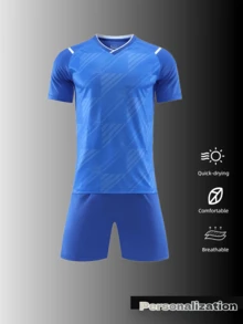 2pcs Custom Blue Soccer Jersey Set With Geometric Patterns | Personalized Football Uniforms For Clubs, Leagues & Training Teams | Bespoke Logos, Player Numbers & Names | Moisture - Wicking Fabric | Ideal For Competitive Play & Team Identity Creation, Halloween, Thanksgiving, Christmas And New Year Gifts