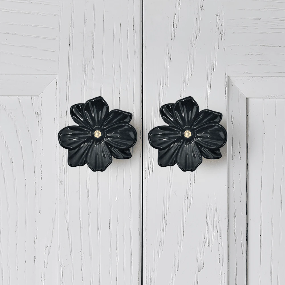 2pcs 3D Yellow Diamond Black Flower Shaped Modern Creative Furniture Decorative Single Hole Cabinet Handles - Yellow Diamond Black Flower - View 1