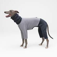 4-beiniger warmer Jumpsuit für Hunde, Winter Flanell Haustierkleidung, dicke Schlafanzüge, kältebeständige Jacke, schützt Bauch & Beine, weiches & warmes Material, geeignet für Italienische Windhunde/Whippets/Bedlington Terrier/kleine bis mittlere Hunde (grau-blaues Patchwork) - Blau - Übersicht 1