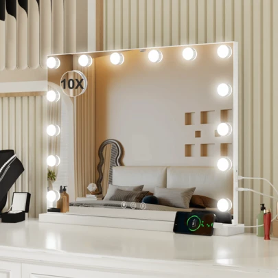 Tocador con espejo de maquillaje y soporte NUEVO Espejo de tocador con luz LED grande - USB Rechargeable, Touch Control Vanity Mirror for Detailed Makeup & Skincare, Perfect Bathroom, Holiday Decoration, Bedroom Gift for Women Girls , Ideal para regalos de Navidad y Halloween.