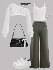 女童装；青少年三件套；秋冬休闲网眼上衣和背心直筒裤套装。 - 白色 - 查看 3