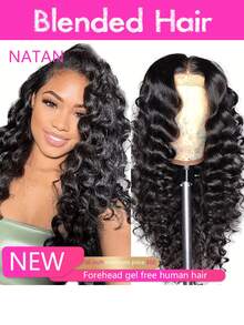NATAN 200 密度深波浪卷刘海蓬松波浪蕾丝前假发，13x4 高清蕾丝前假发，无需胶水，女士款，预先拔毛并带有婴儿发，24 英寸混合发质，由真人发前额和合成纤维及蛋白质纤维制成。 - 自然色&黑色系 - 查看 3