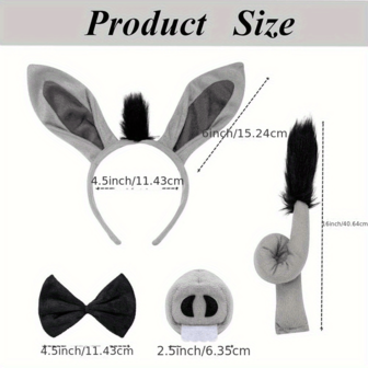 Donkey Suit Set - Headband With Ears - Nose - Tail And Tie - Cute Animal Headwear - Halloween Party Accessories - Adult Halloween Party Accessories - Cute Animal Costumes - Soft Fabric Headwear