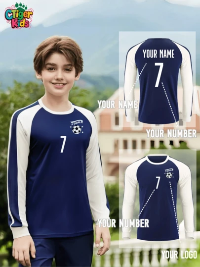 1pc Customized Children's Long Sleeve Football Training Jersey - Personalized With Name And Number (Front/Back) + Custom Logo - Navy Blue And White - Contrast Color Design - Quick-Dry Breathable Fabric - CTiger Kids Series - Suitable For Youth Football, Volleyball, Casual Wear, And Halloween, Thanksgiving, Christmas, New Year Gifts