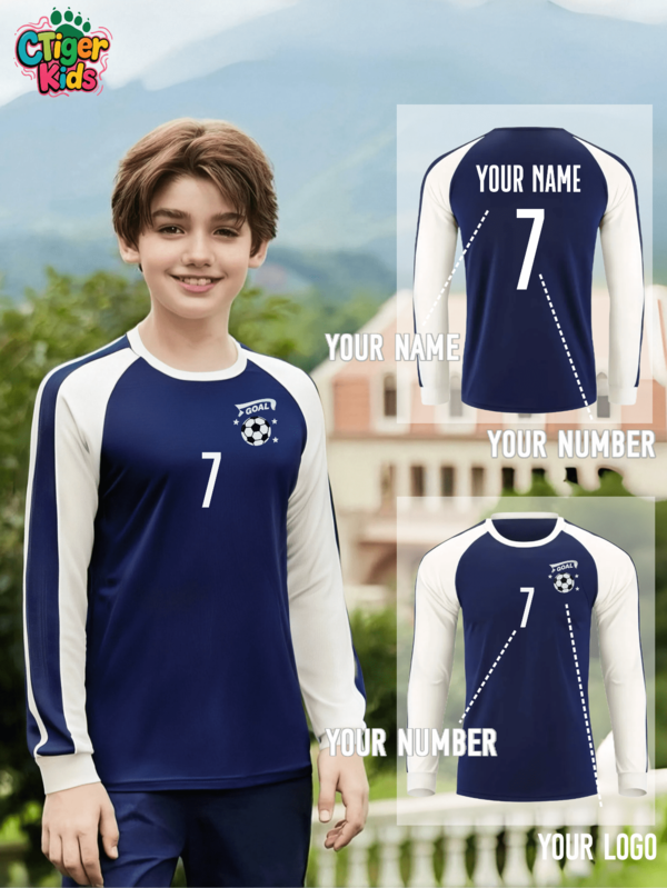 1 Stück Personalisiertes Kinder Langarm Fußball Trainings Oberteil - Individueller Name & Nummer Druck (Vorder-/Rückseite) + Logo Individuell - Navy & Weiß Farbblock Design - Schnelltrocknender atmungsaktiver Stoff - CTiger Kinder Kollektion - Inspiriert für Jugendfußball, Volleyball, Freizeitbekleidung, Halloween, Thanksgiving, Weihnachten und Neujahr Geschenke