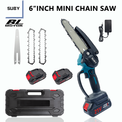 SUBY 1 Set de Sierra de Cadena Mini Inalámbrica SUBY de 6 Pulgadas con 2 Baterías y 2 Cadenas, Adecuada para Recorte de Árboles, Renovación del Hogar y Corte de Madera
