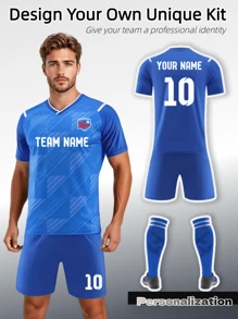 2pcs Custom Blue Soccer Jersey Set With Geometric Patterns | Personalized Football Uniforms For Clubs, Leagues & Training Teams | Bespoke Logos, Player Numbers & Names | Moisture - Wicking Fabric | Ideal For Competitive Play & Team Identity Creation, Halloween, Thanksgiving, Christmas And New Year Gifts