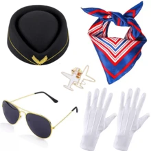 5pcs/Set Holiday Themed Flight Attendant Hat, Scarf, Brooch, Gloves, Glasses Cosplay Accessories, Retro Stewardess Outfit,Halloween