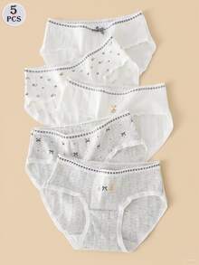 5件套可爱蝴蝶结和熊印花纯棉低腰内裤，适合青少年/年轻女性