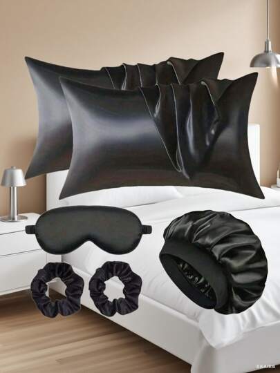 Juego de 6/5 fundas de almohada de terciopelo para mujeres; Gorro de dormir, antifaz y anillo de pelo de seda satinada suave, una buena opción para el hogar; Adecuado para cocinar, una buena ayuda para dormir, antifaz de seda negra