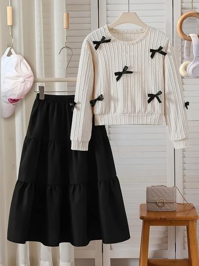 Tween Girls' Clothes, Fashionable Cute Delicate Bow-Tie Top With Half Skirt Suit, Casual Elegant Fashion - Suitable For Spring And Autumn.