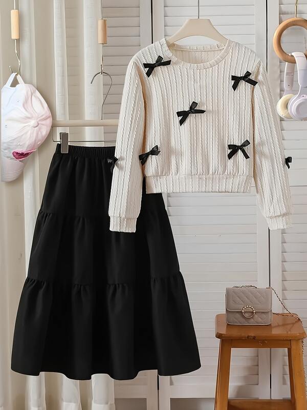 Girls' Clothes, Fashionable Cute Delicate Bow-Tie Top With Half Skirt Suit, Casual Elegant Fashion - Suitable For Spring And Autumn.