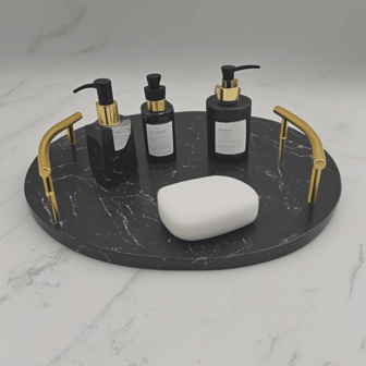 1 pièce Plateau en marbre naturel + poignée en laiton, indispensable pour la salle de bain, rangement/accessoire photo, rangement exquis, rehausse instantanément le style, esthétique haut de gamme, indispensables de rangement pour la salle de bain!!!