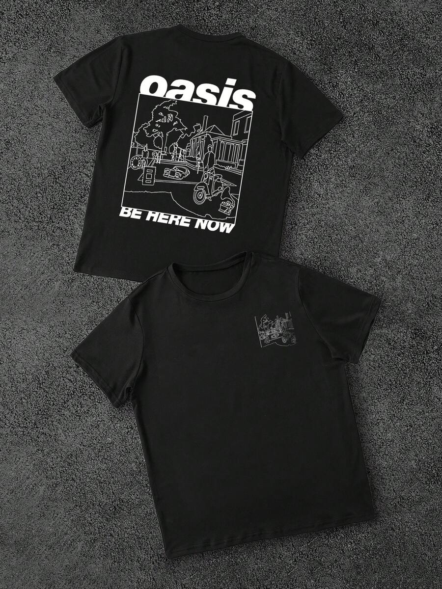 Men's DoubleSided Tee Retro Black And White Town Scene Graphic Print TShirt,Cool Casual Style For Men,Comfy Everyday Wear Top