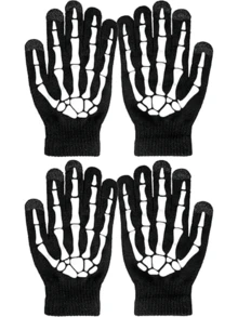 2 Pairs Glow-In-The-Dark Skeleton Touch Screen Gloves, Unisex Adult Halloween Skeleton Costume Accessories
