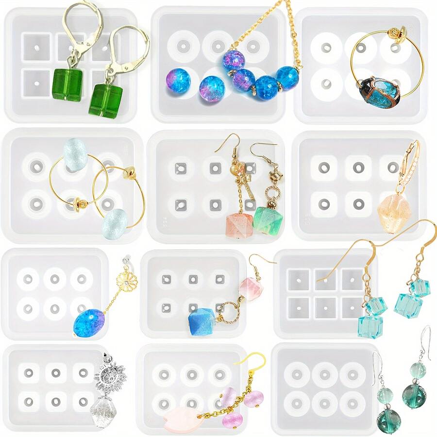 1 件树脂珠宝硅胶模具、水晶环氧树脂珠模具、圆形、菱形、方形、椭圆形、矩形、手链串珠环氧树脂硅胶模具、孔宝石首饰制作环氧树脂模具、适用于耳环、吊坠、手链和项链 - 白色 - 查看 1