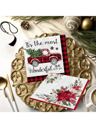 20pcs Christmas Napkins, Featuring Christmas-Themed Designs Including Trucks, Red And Black Plaid, Floral, Christmas Trees, Snowflakes, And "This Is The Most Wonderful Time Of The Year", Suitable For Christmas, Birthdays And Other Occasions