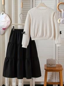 少女服装，时尚可爱精致蝴蝶结上衣搭配半身裙套装，休闲优雅时尚 - 适合春秋季穿着。 - 杏色 - 查看 2