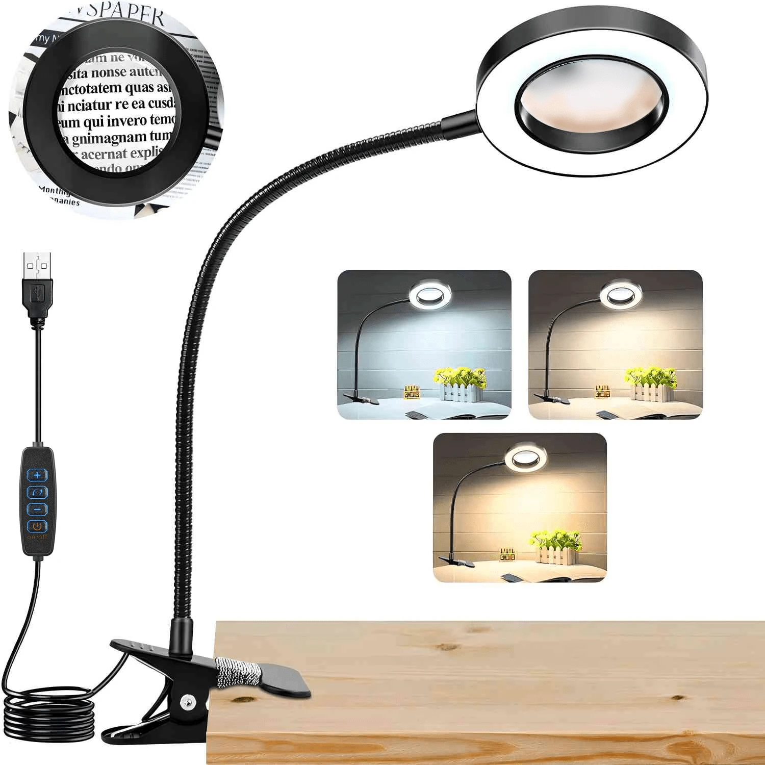 5X Magnifying Glass With Light, Magnifier Desk Lamp, Hands-Free Lighted With 3 Color Modes, For Craft Hobby, Nail Repair, Reading, Close Works (Black, Clamp), Adjustable Flexible Gooseneck - 黑色 - 查看 1