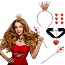 Halloween Queen Costume Accessories Set Includes A Gold Crown, Red Heart Collar, Gem Scepter, Heart-Shaped Earrings, Suitable For Women's Queen Costume Party Accessories