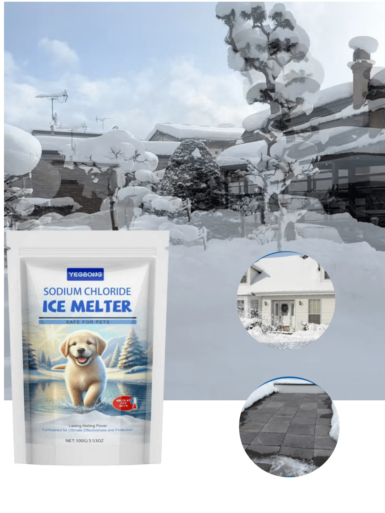 100 Grams Of Pet Deicer-A Pet-Friendly Deicer Designed For Pets To Reduce Irritation And Suitable For Areas Where Pets Often Move. Quickly Melt Snow And Ice, And Improve The Convenience Of Roads And Courtyards In Winter. It Can Quickly Melt Ice And Snow, And Has A Lasting Melting Ability, While Reducing The Potential Impact On The Environment And Vegetation.